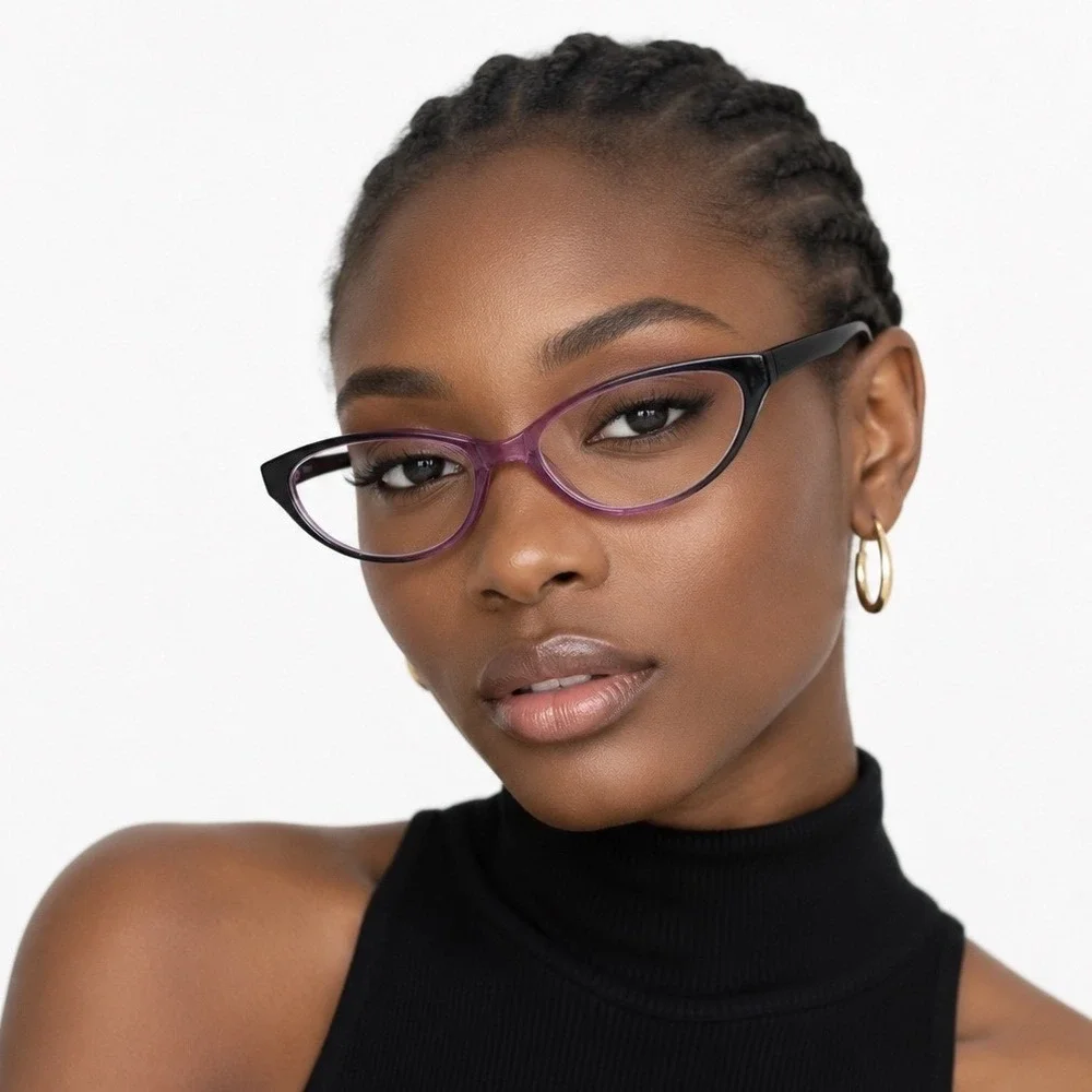 Norperwis Cat Eye Reading Glasses Black Purple Ombre Two Tone Pouch Chic 104-56